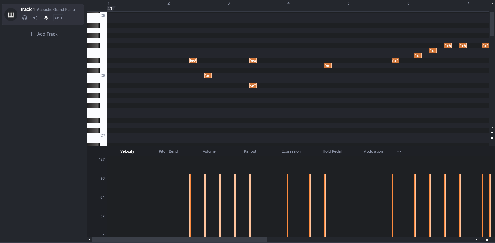 Dunkelmodus-Schnittstelle eines KI MIDI Generator mit Klavier- und Streicherspuren und orangen Noten.