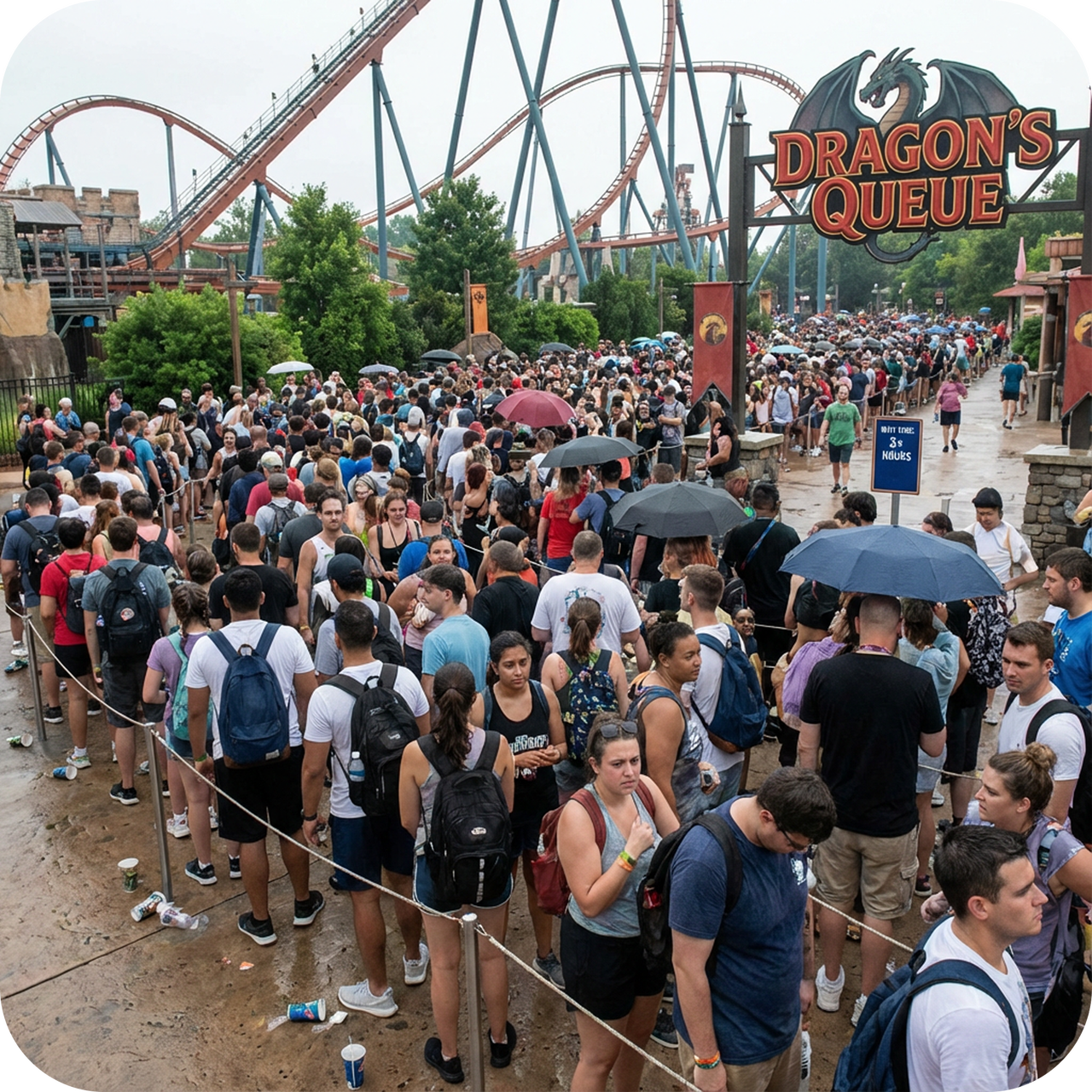 Gran multitud de personas esperando en fila bajo la lluvia en un parque de atracciones.