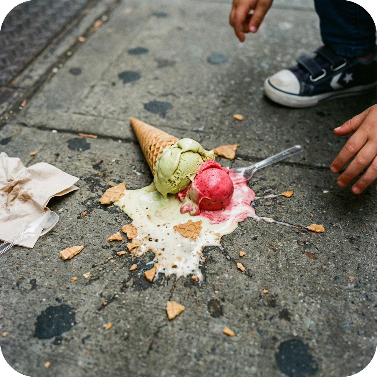 Triste vista de un cono de helado caído y derritiéndose en el pavimento.