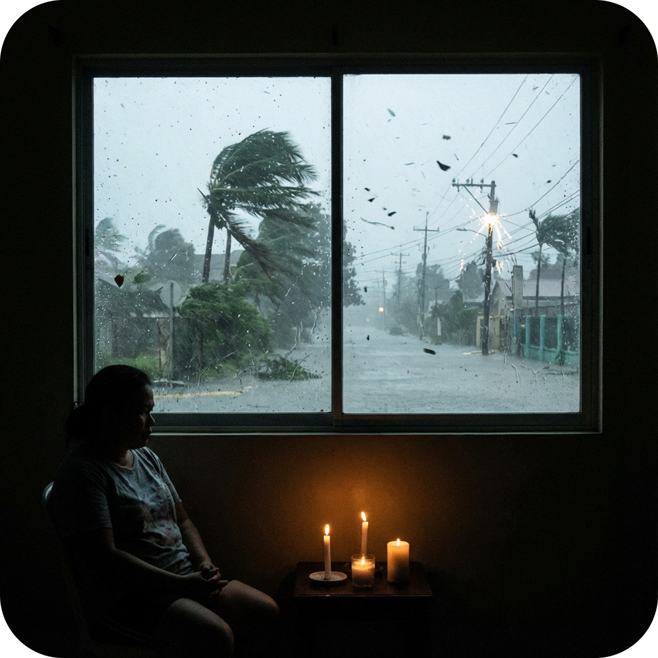 Mujer sentada en una habitación oscura con velas mirando una tormenta a través de la ventana.