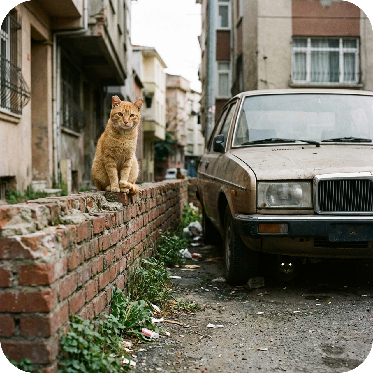 Gato atigrado naranja sentado en un muro bajo de ladrillos en una calle de la ciudad.
