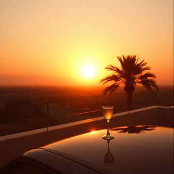 Sipping cocktails at a posh rooftop bar while the sun sets over the city skyline.