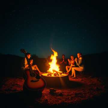 Friends gathering around a fire, clapping along to an upbeat acoustic rhythm.