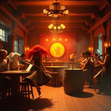 A lively Irish jig played on a fiddle in a crowded, happy tavern.