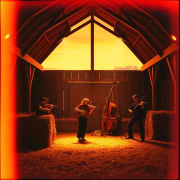 An upbeat bluegrass jam session featuring fast banjo finger-picking.