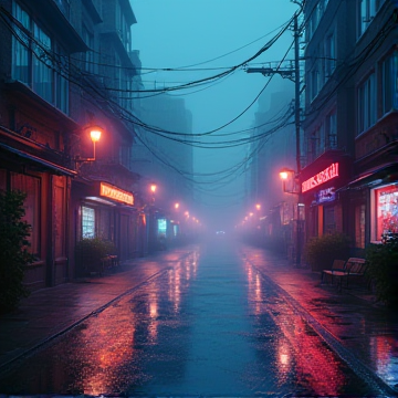 The reflection of pink and purple neon signs shimmering on wet pavement after rain.
