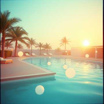 Floating weightlessly in a turquoise swimming pool in slow motion under the sun.