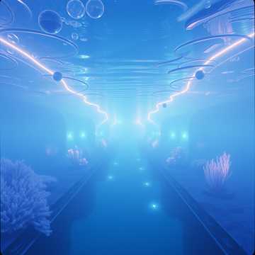Submerged deep underwater where sunlight barely reaches the ocean floor.
