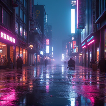 Neon lights reflecting on wet pavement in a futuristic city at 3 AM.