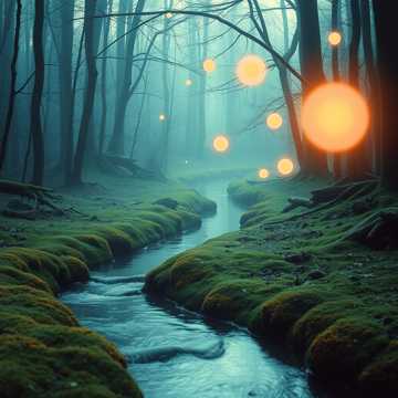 Gentle sunlight filtering through the trees accompanied by a flowing stream.