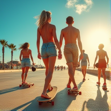 Patinando por el paseo marítimo con amigos en el primer día de las vacaciones de verano.