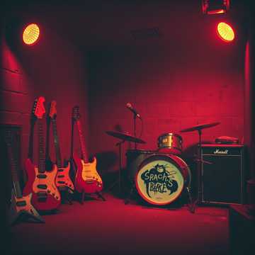 Tocando guitarras distorsionadas en un ensayo en un sótano estrecho con energía cruda.