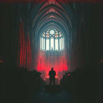An operatic choir battling against heavy distortion in a dark cathedral setting.