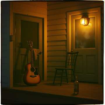 Raw acoustic slide guitar played on a wooden porch as the sun sets over the Mississippi.